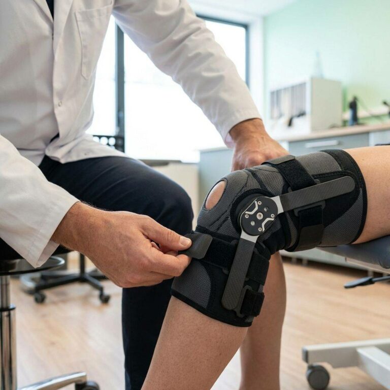 Un orthésiste ajuste une genouillère de série sur la jambe d'un patient, illustrant l'accompagnement essentiel pour l'appareillage orthopédique.