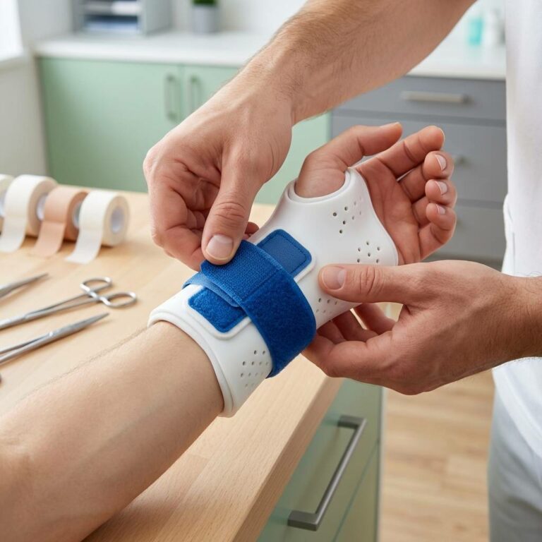 Un orthésiste ajuste une orthèse de poignet de série blanche avec des sangles bleues sur le bras d'un patient, garantissant un maintien optimal. Cette image illustre l'accompagnement essentiel pour l'appareillage orthopédique standard.