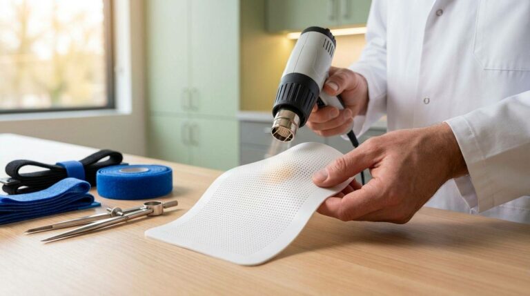 Un expert en blouse blanche façonne un appareillage médical perforé à l'aide d'un décapeur thermique, symbolisant la création sur-mesure et l'attention personnalisée pour le bien-être du patient au cabinet de Charles-Henri Tisseront à Bezannes.