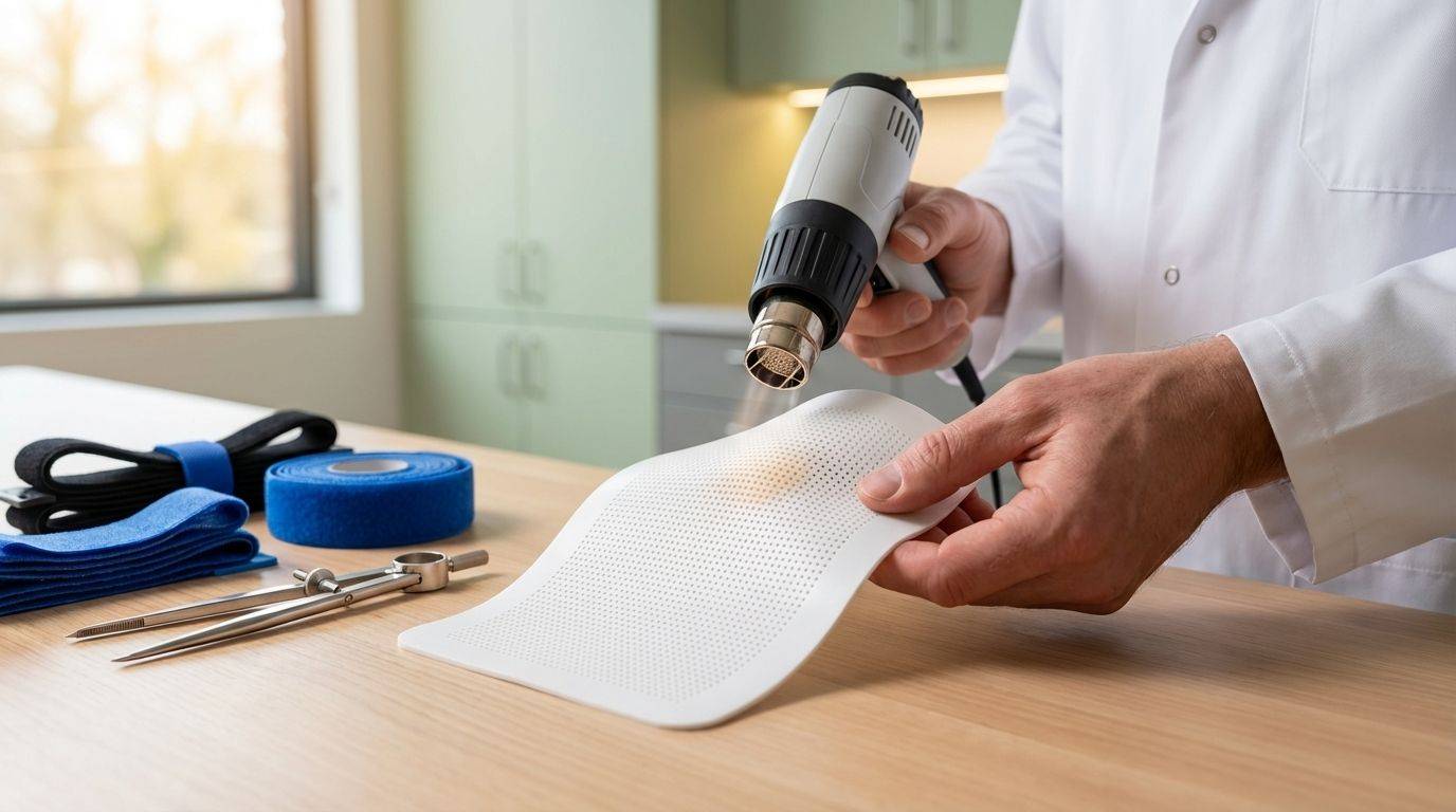 Un expert en blouse blanche façonne un appareillage médical perforé à l'aide d'un décapeur thermique, symbolisant la création sur-mesure et l'attention personnalisée pour le bien-être du patient au cabinet de Charles-Henri Tisseront à Bezannes.