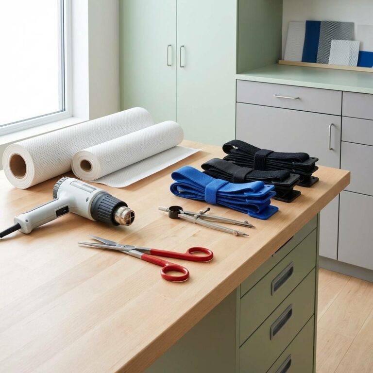 Plan de travail d'orthésiste avec rouleaux de matériaux thermoplastiques, pistolet à air chaud, ciseaux, compas et sangles pour la personnalisation d'orthèses de série.