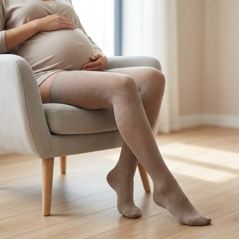 Femme enceinte portant des bas de contention de série beiges à motifs, illustrant le soutien et le confort offerts par l'orthésiste.